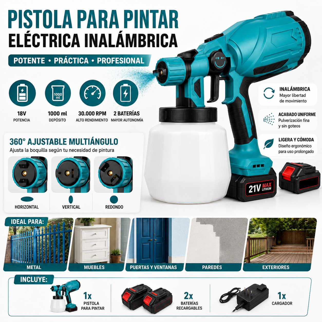 Pistola de Pintura Elétrica Sem Fios com 2 Baterias