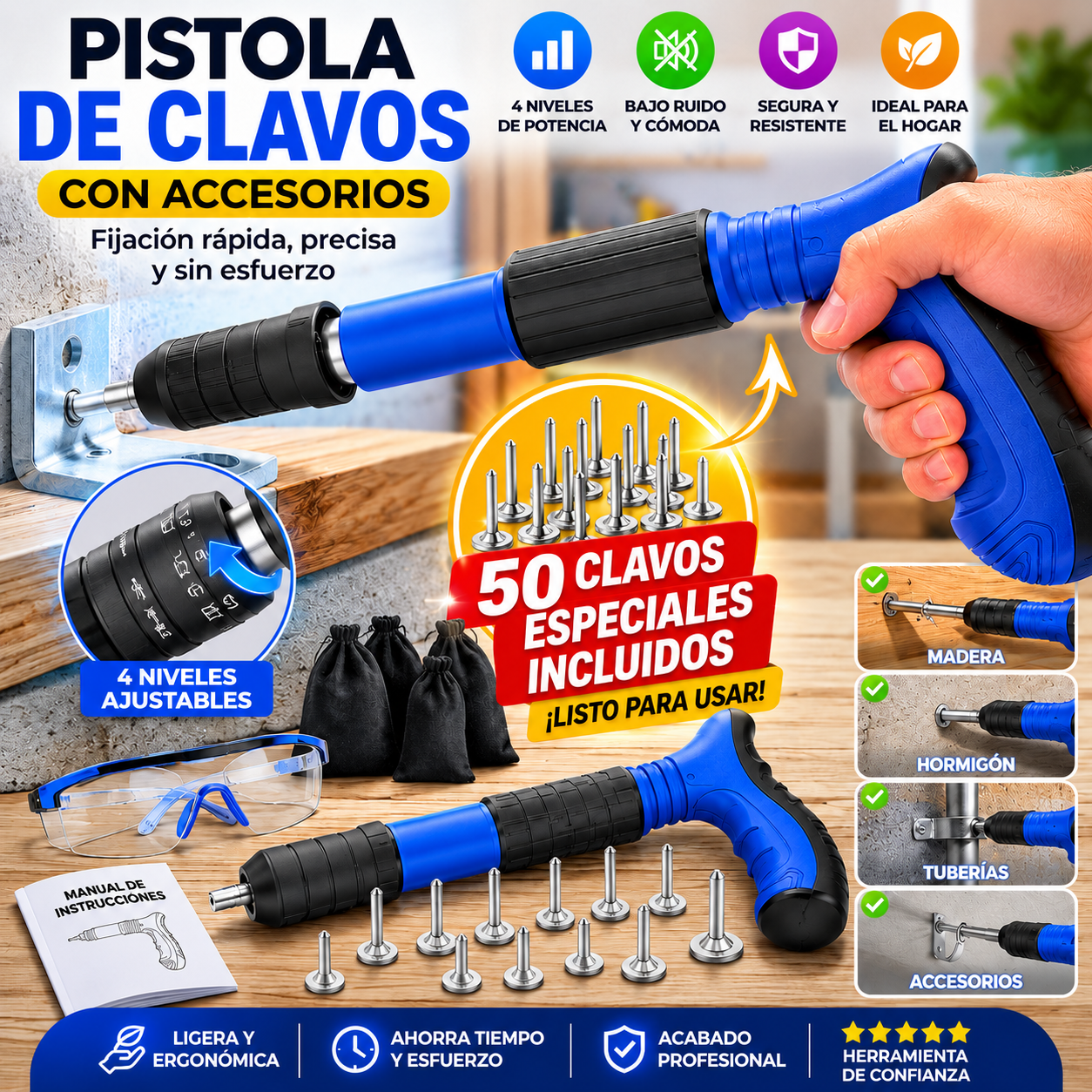 Pistola de Pregos Profissional 4 Níveis com Acessórios – Fixação Rápida para Madeira, Betão e Bricolage