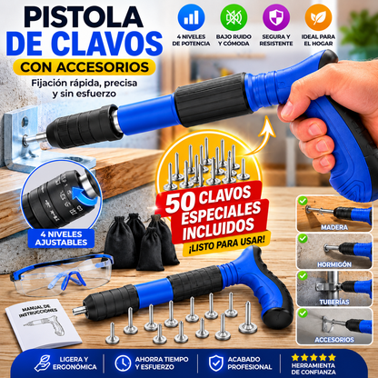 Pistola de Pregos Profissional 4 Níveis com Acessórios – Fixação Rápida para Madeira, Betão e Bricolage