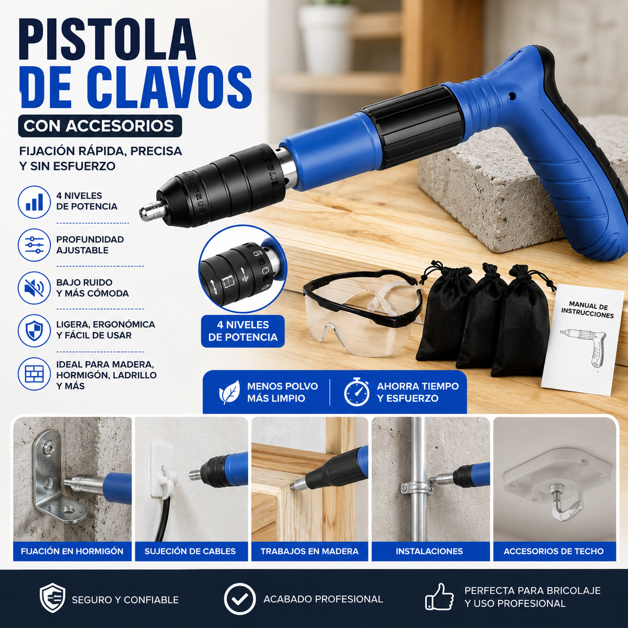 Pistola de Pregos Profissional 4 Níveis com Acessórios – Fixação Rápida para Madeira, Betão e Bricolage