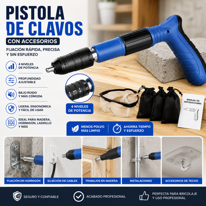 Pistola de Pregos Profissional 4 Níveis com Acessórios – Fixação Rápida para Madeira, Betão e Bricolage