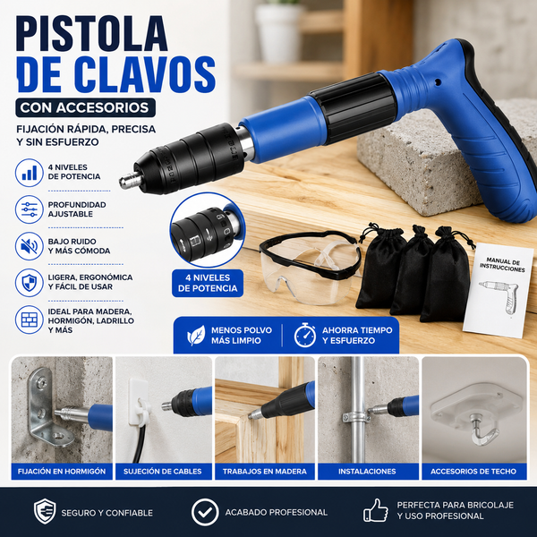 Pistola de Pregos Profissional 4 Níveis com Acessórios – Fixação Rápida para Madeira, Betão e Bricolage