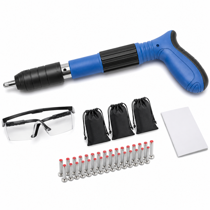 Pistola de Pregos Profissional 4 Níveis com Acessórios – Fixação Rápida para Madeira, Betão e Bricolage